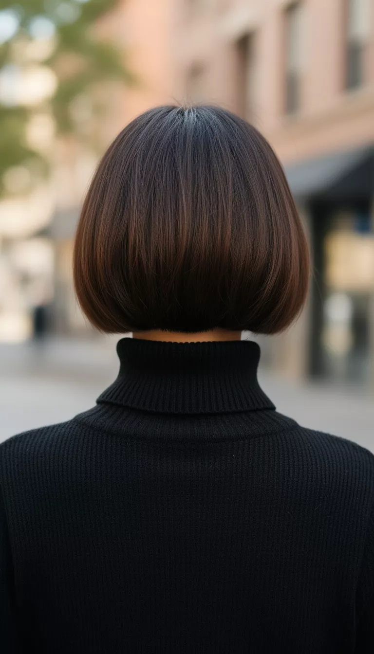 [close-up casual photo] of a 31-year-old woman wearing a black turtleneck with an Inverted Bob, back view