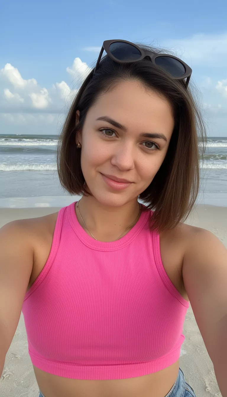 [selfie] of a 29-year-old woman wearing a pink crop top with a Flip-Flop Bob