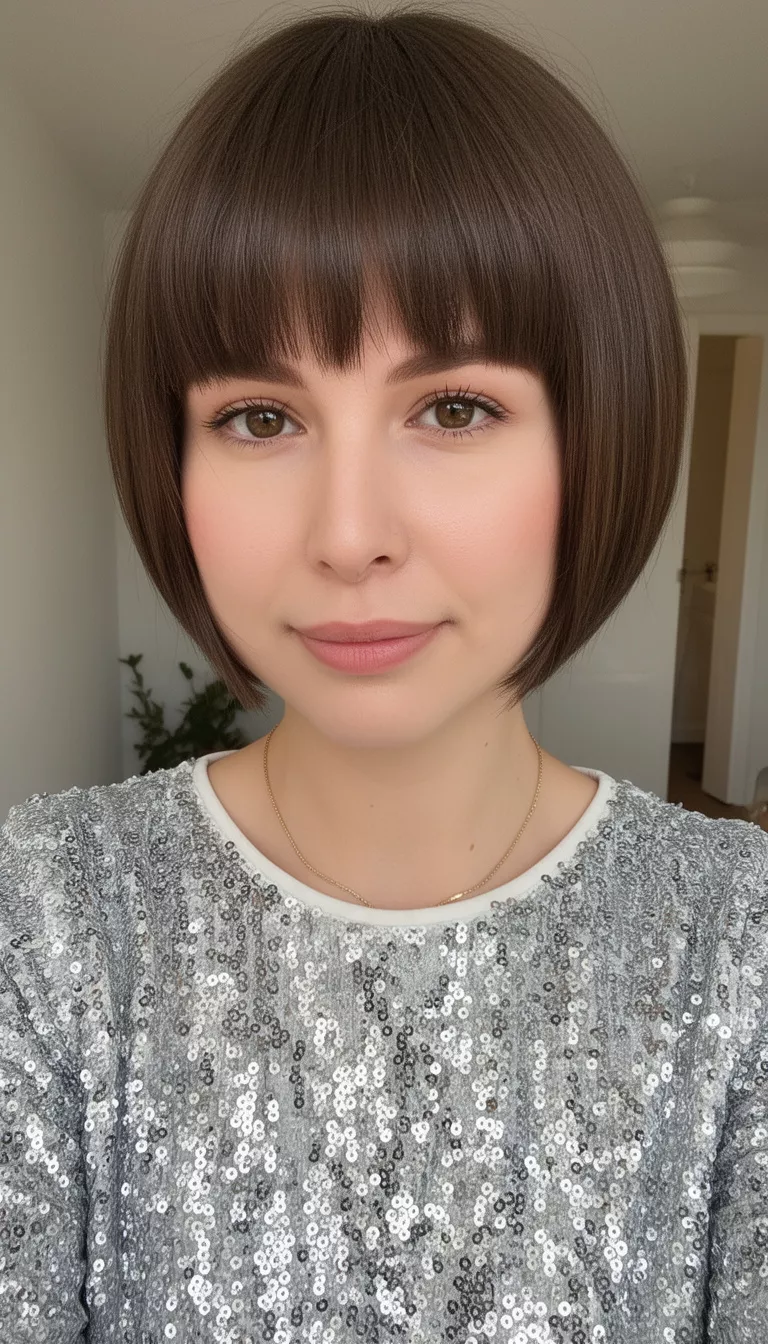 [close-up casual photo] of a 28-year-old woman wearing a silver sequin top with a Bixie Bob