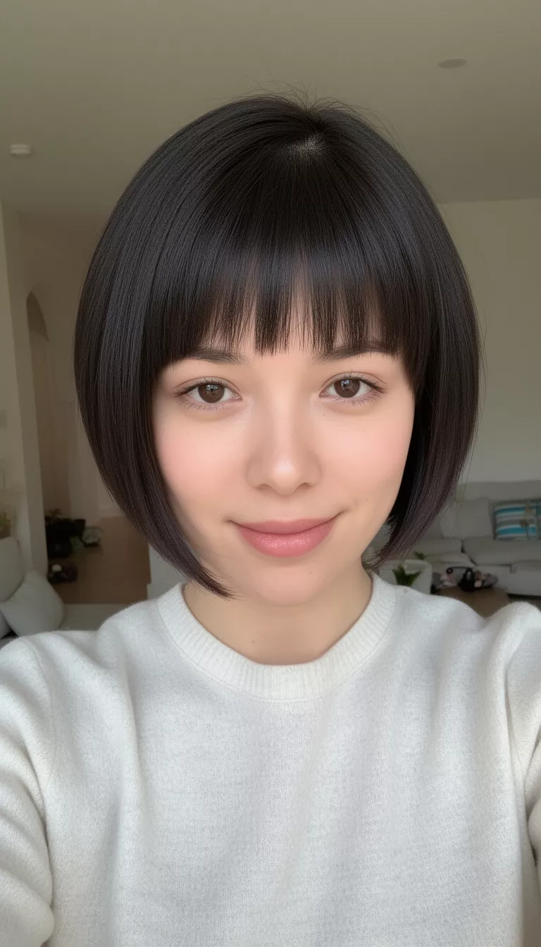 selfie of a 26-year-old woman with a Micro Bob hairstyle
