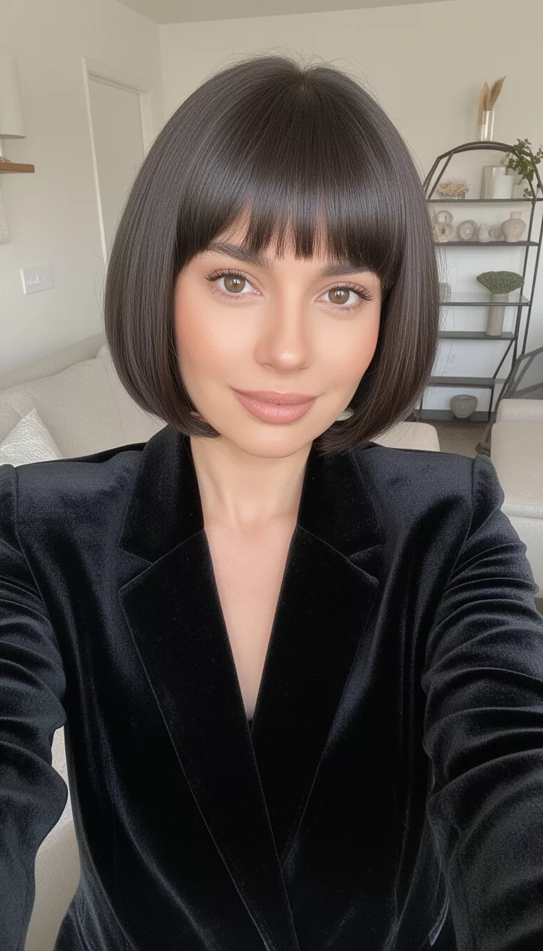 selfie of a 30-year-old woman wearing a black velvet blazer with a Faux Bob hairstyle