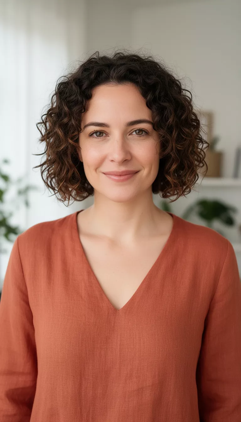 [close-up casual photo] of a 30-year-old woman wearing a terracotta linen top with a Curly Contoured Bob