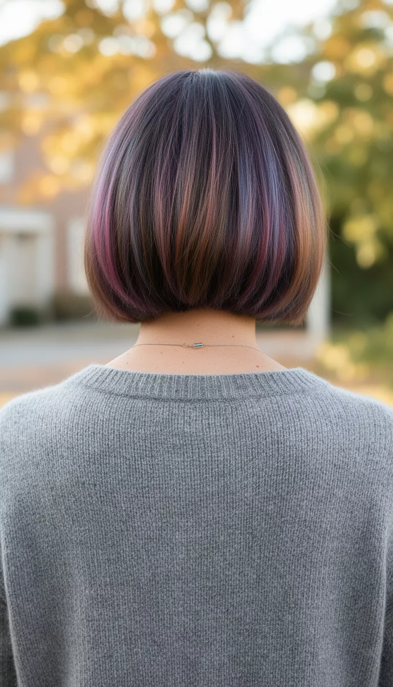 [close-up casual photo] of a 38-year-old woman wearing a gray cashmere sweater with a Chromatic Bob, back view