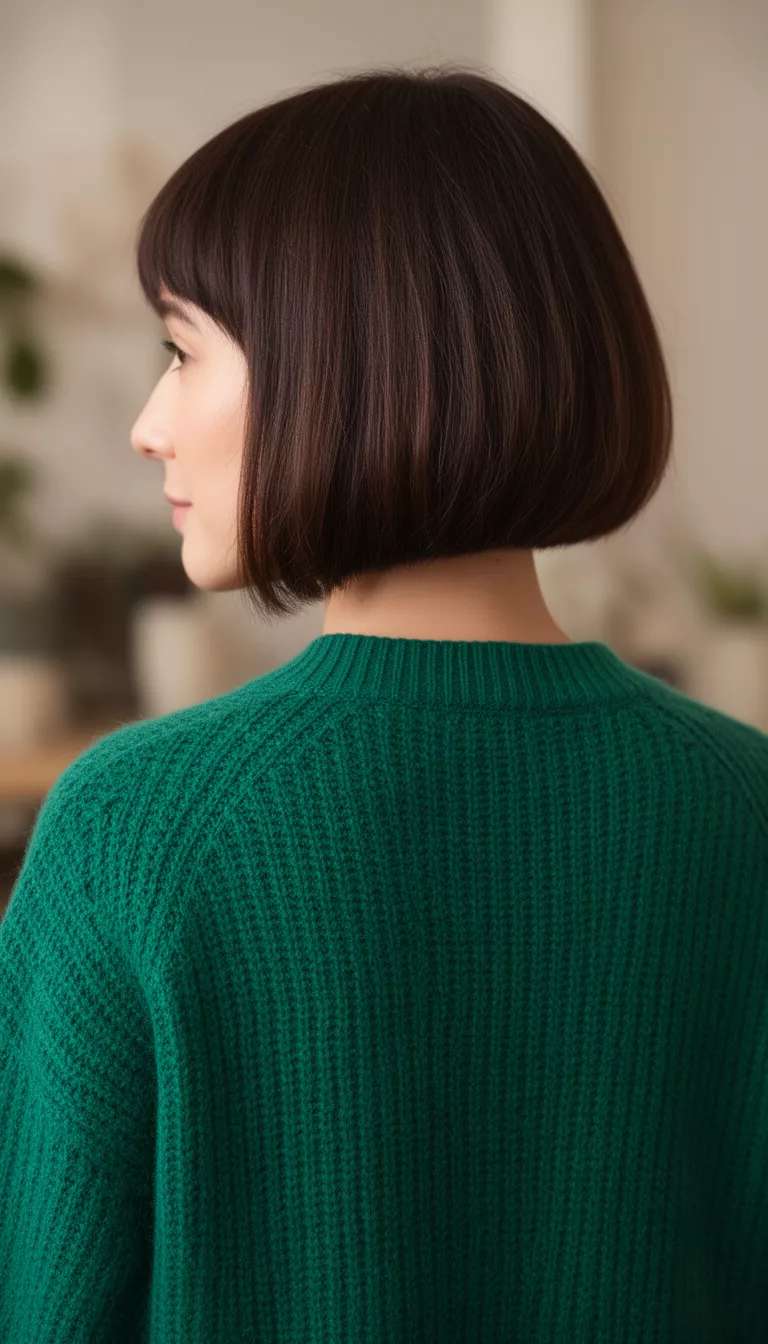 [close-up casual photo] of a 35-year-old woman wearing a emerald green sweater with a Stacked Bob, back view