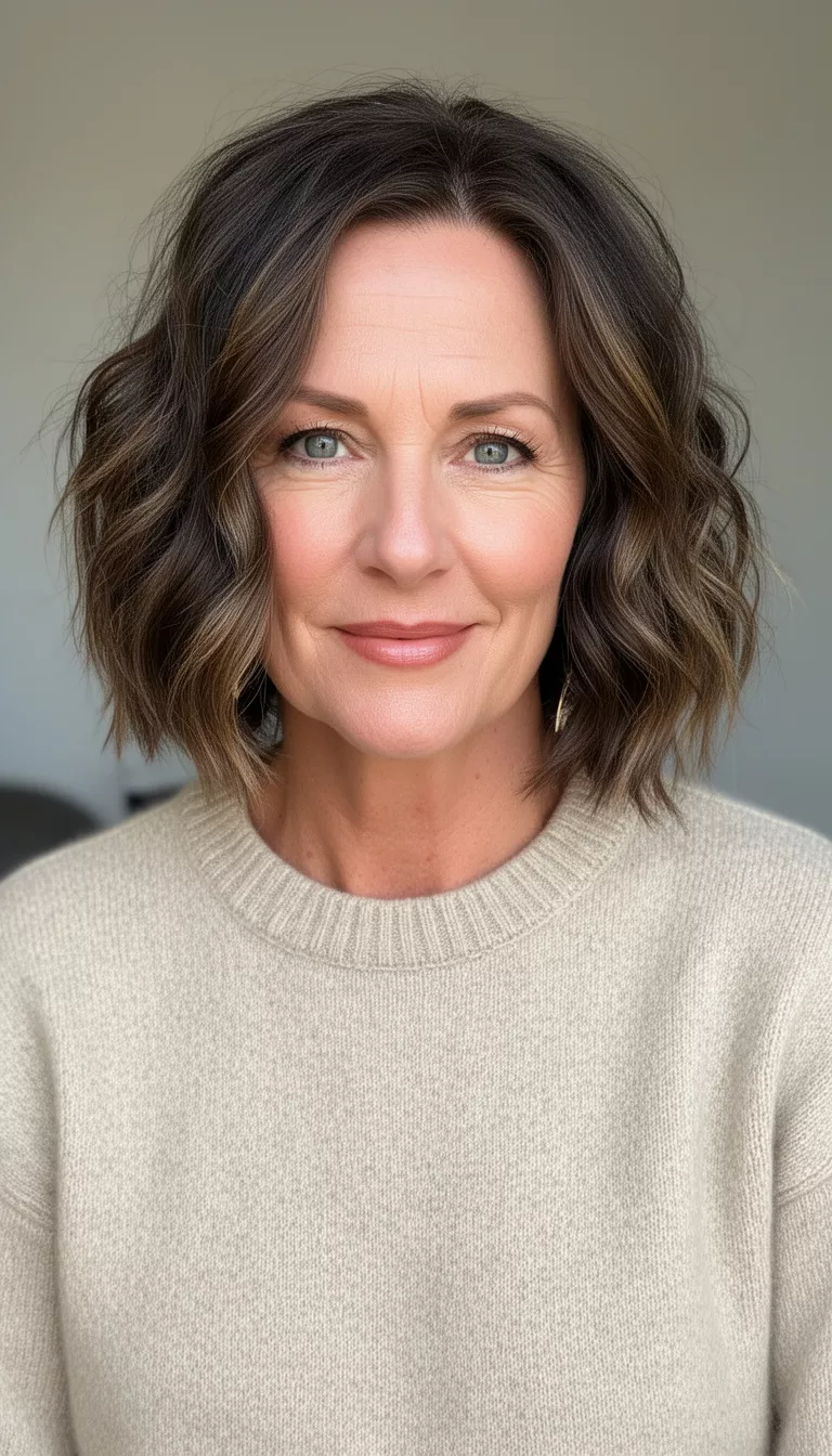 close-up casual photo of a 44-year-old woman wearing a simple sweater with a Wavy Bob