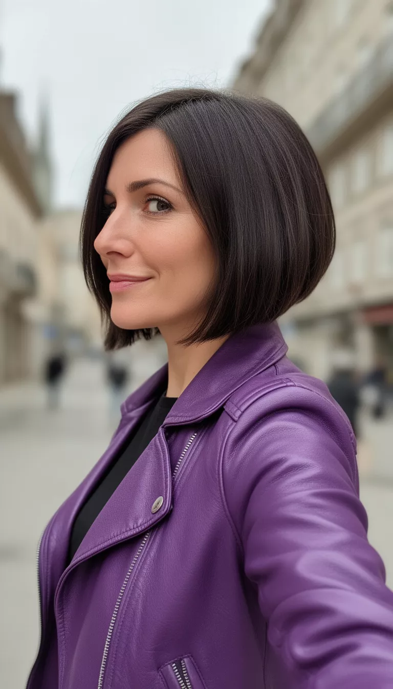 [selfie] of a 37-year-old woman wearing a purple leather jacket with an Asymmetrical Bob, side view