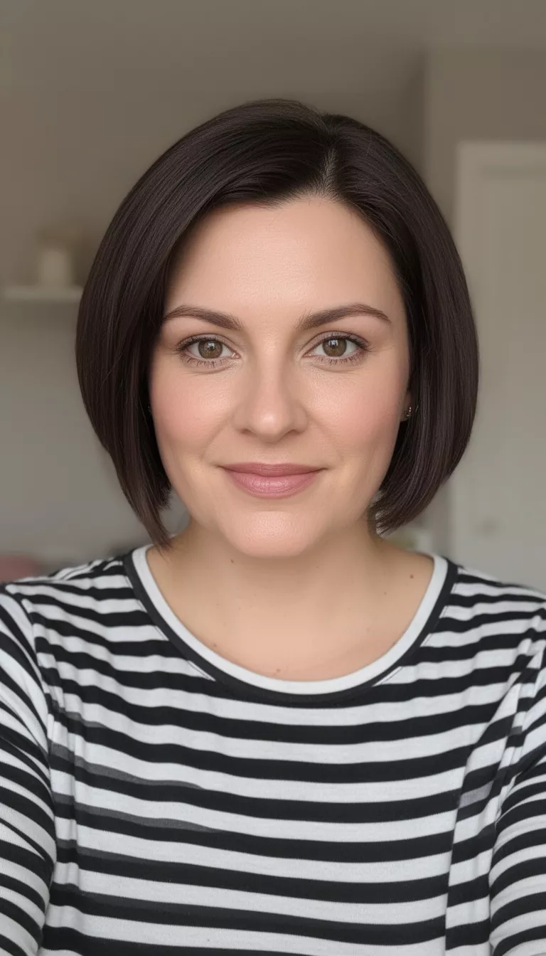 [close-up casual photo] of a 39-year-old woman wearing a black and white striped shirt with a French Bob