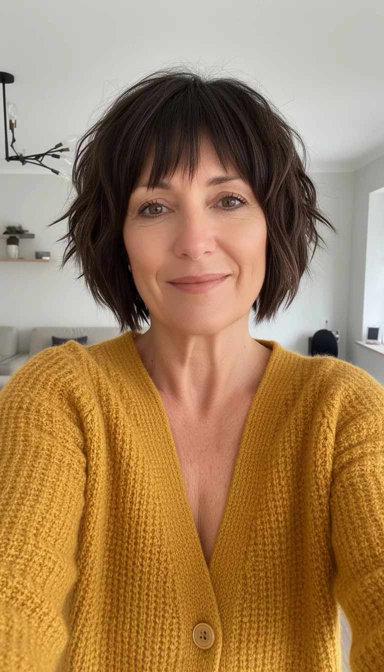 [selfie] of a 42-year-old woman wearing a mustard yellow cardigan with a Textured Choppy Bob