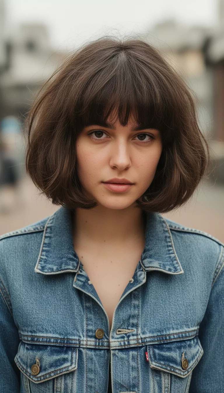 [close-up casual photo] of a 26-year-old woman wearing a vintage denim jacket with a Shaggy Bob