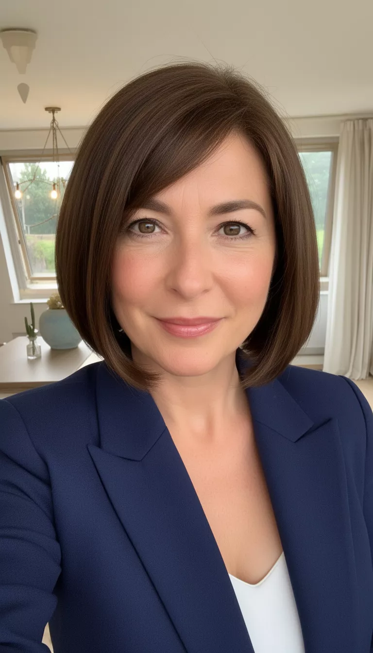 [selfie] of a 35-year-old woman wearing a navy blue blazer with a Glassy Bob