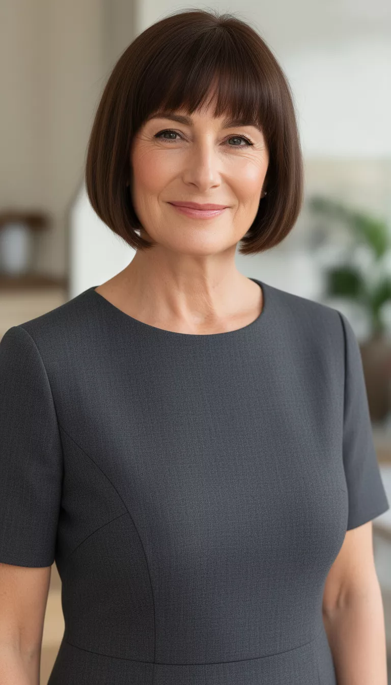 [close-up casual photo] of a 40-year-old woman wearing a charcoal grey dress with a Laser Line Bob