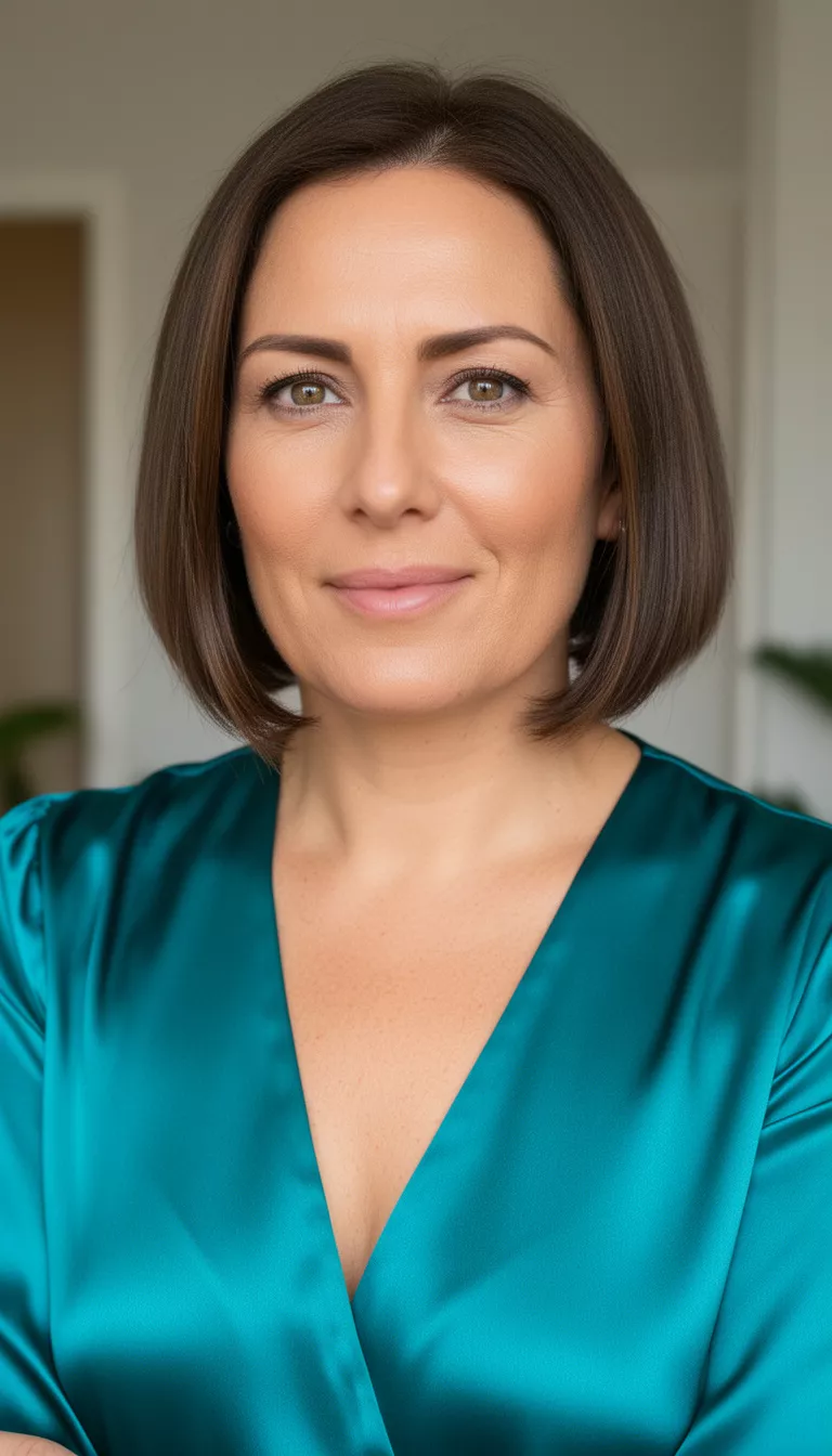 [close-up casual photo] of a 36-year-old woman wearing a teal satin blouse with a Hyper Gloss Bob