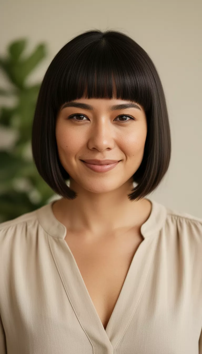 close-up casual photo of a 34-year-old woman wearing a neutral blouse with a Blunt Bob
