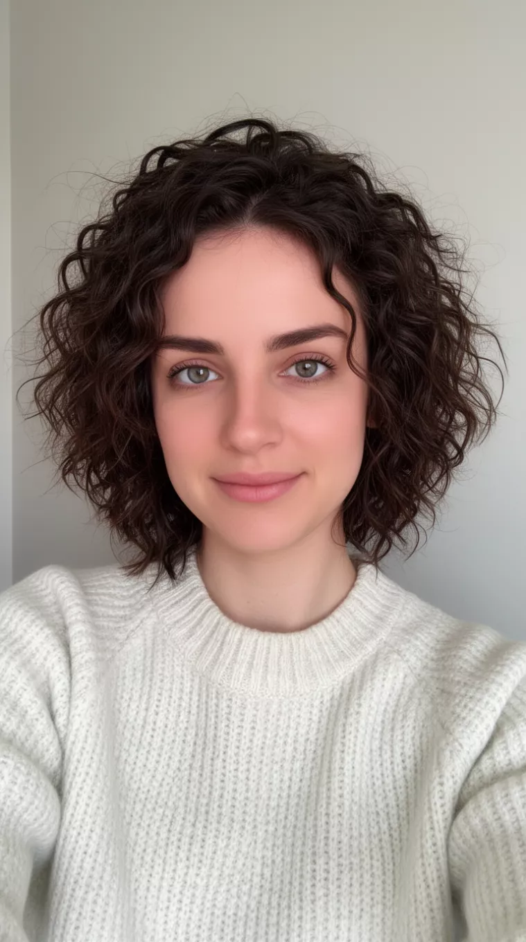 selfie of a 29-year-old woman wearing a crewneck sweater with a Textured Layers hairstyle, minimal background