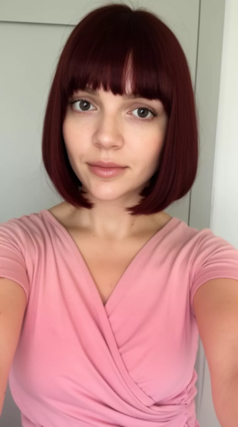 selfie of a 28-year-old woman wearing a wrap top with a Valentine Bob hairstyle, minimal background