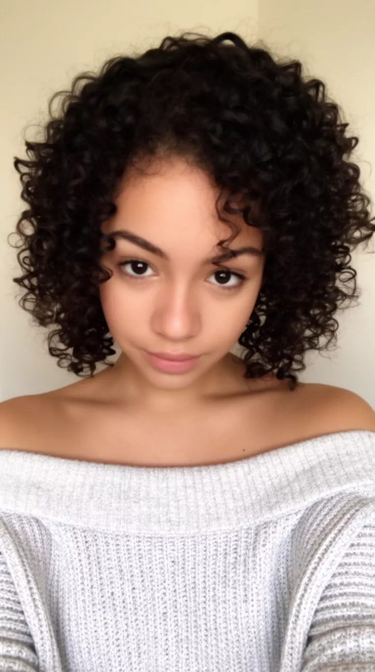 selfie of a 23-year-old woman wearing an off-shoulder sweater with a Halo Curls hairstyle, minimal background