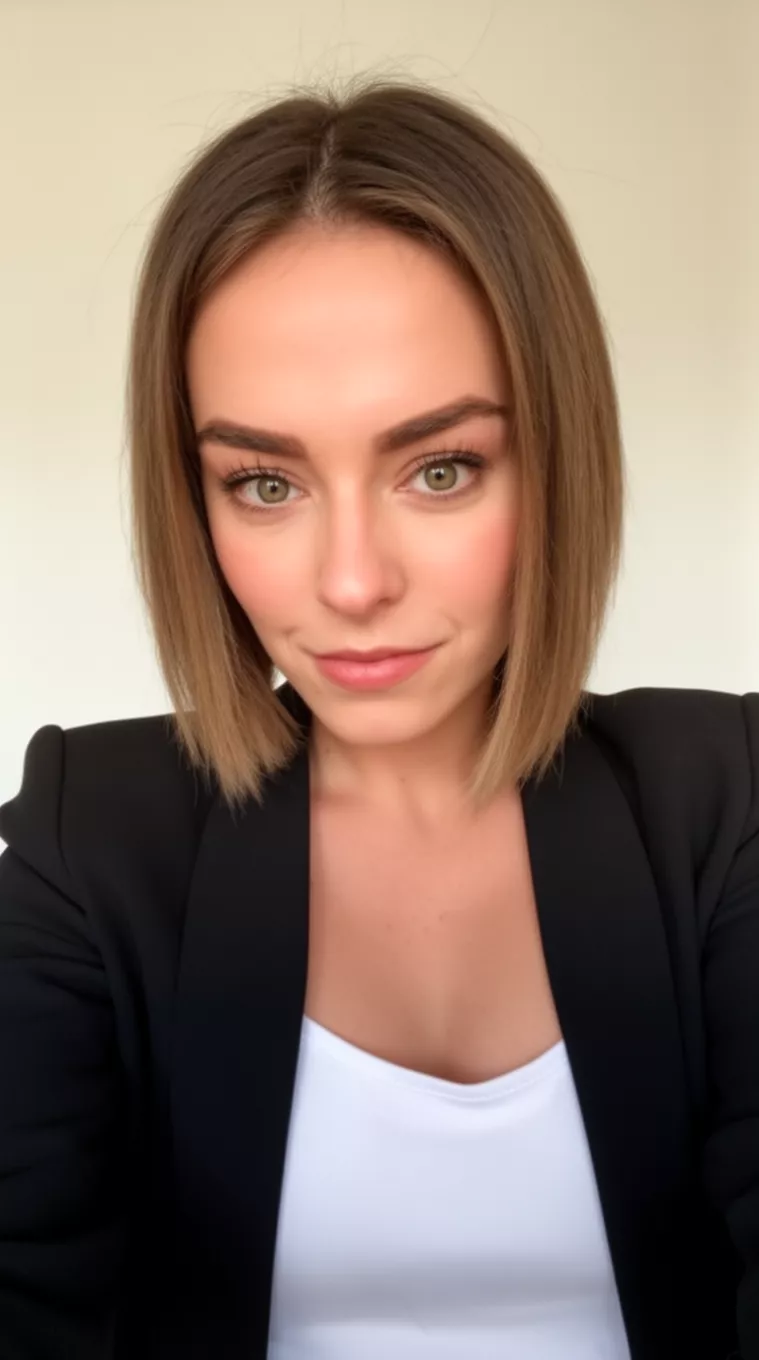 selfie of a 27-year-old woman wearing a black blazer over white top with a Blunt Collarbone Cut hairstyle, minimal background