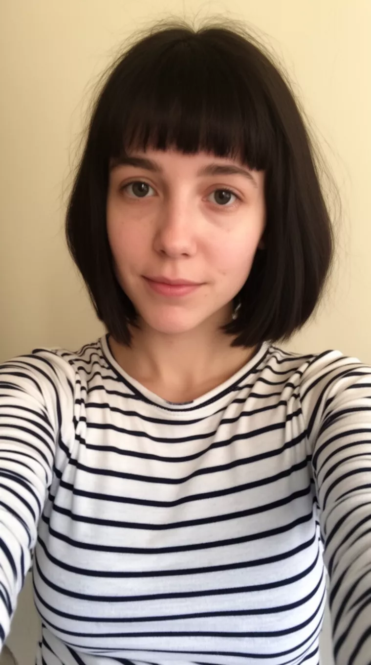 selfie of a 25-year-old woman wearing a striped long-sleeve shirt with a Flip-Flop Bob hairstyle, minimal background
