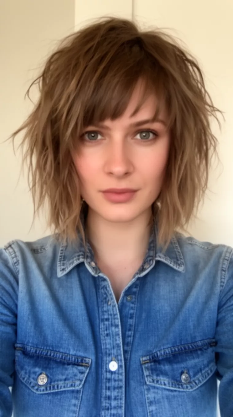 selfie of a 29-year-old woman wearing a denim button-up shirt with a Shredded Bob hairstyle, minimal background