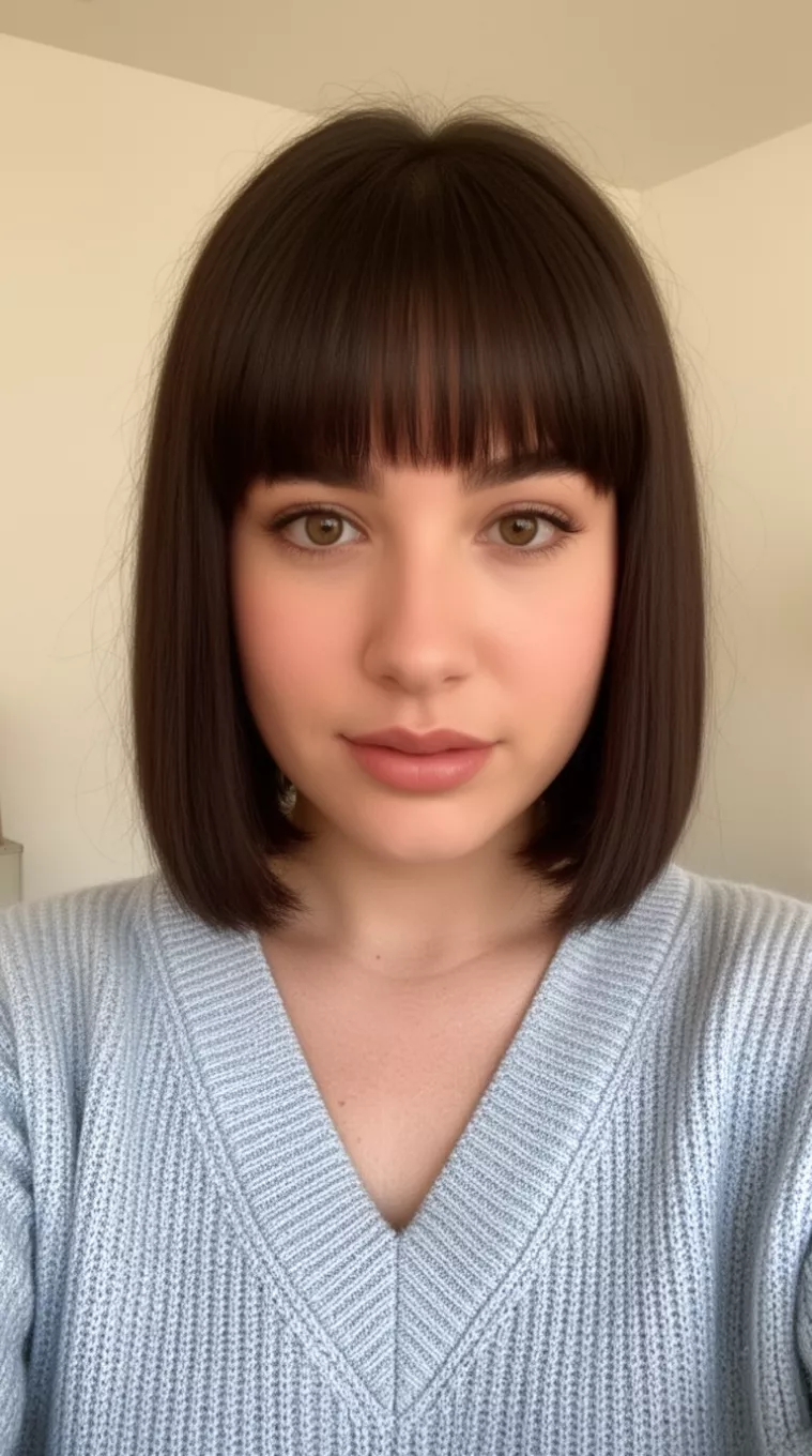 selfie of a 26-year-old woman wearing a v-neck sweater with a hairstyle that has Gucci Bangs, minimal background