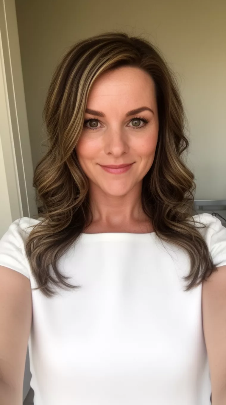 selfie of a 32-year-old woman wearing a boatneck top with a Waterfall Waves hairstyle, minimal background