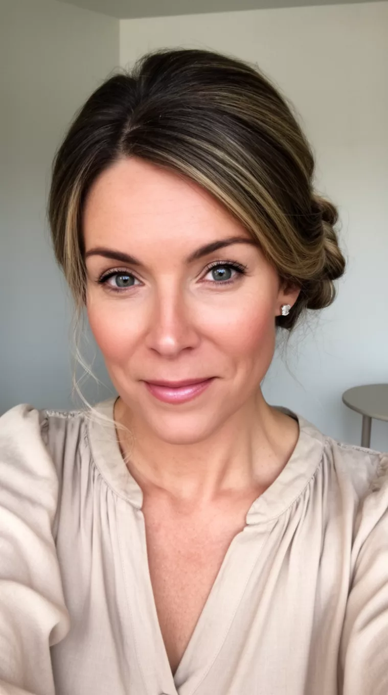 selfie of a 36-year-old woman wearing a neutral blouse with a Polished French Twist hairstyle, minimal background