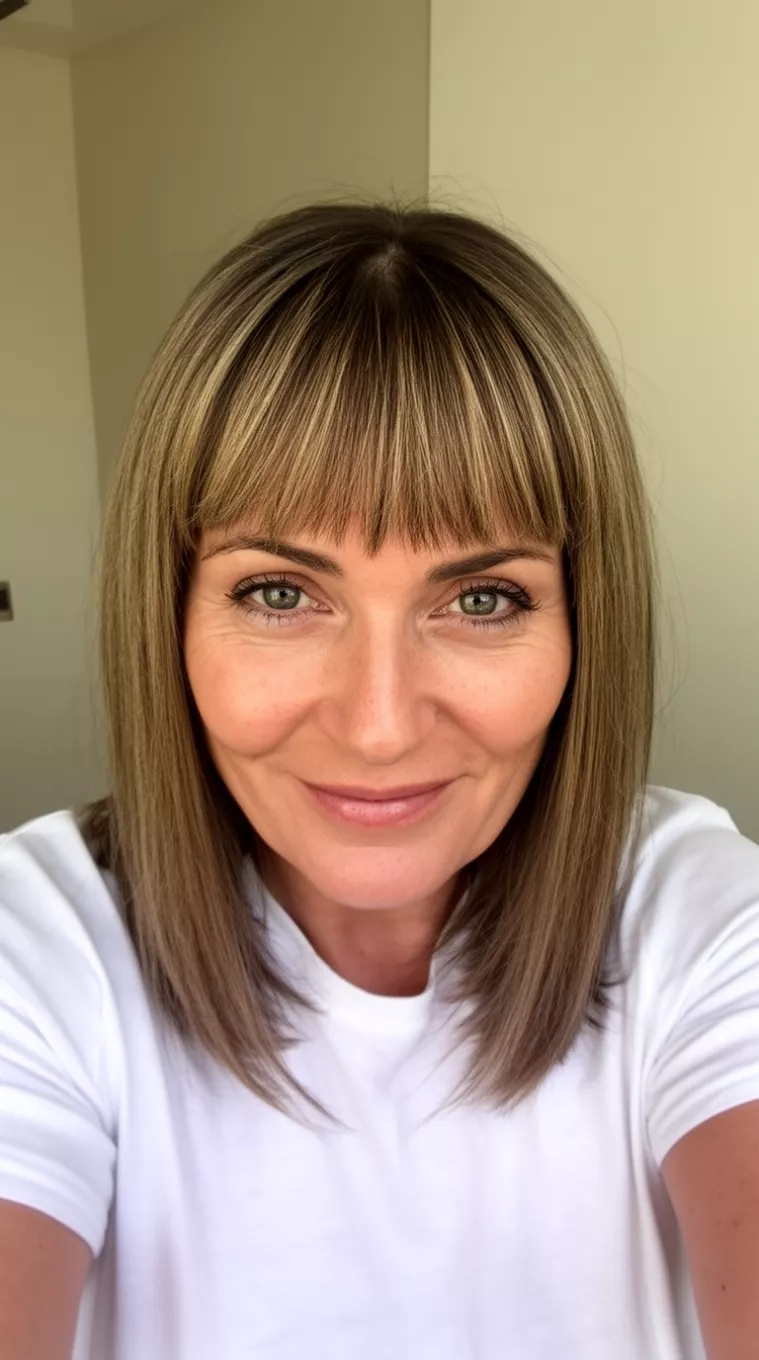 selfie of a 35-year-old woman wearing a white t-shirt with a hairstyle that has Birkin Bangs, minimal background