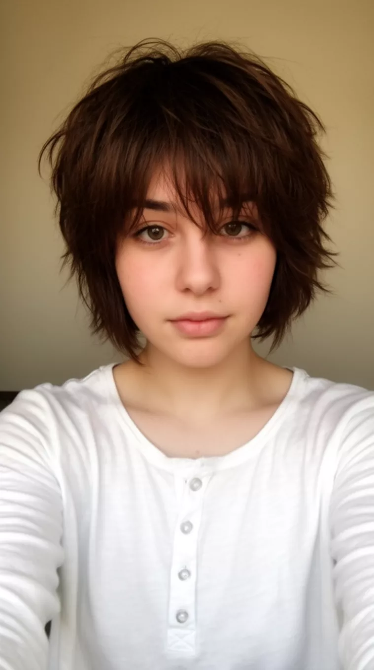 selfie of a 21-year-old woman wearing a henley shirt with a Short Wild Shag hairstyle, minimal background