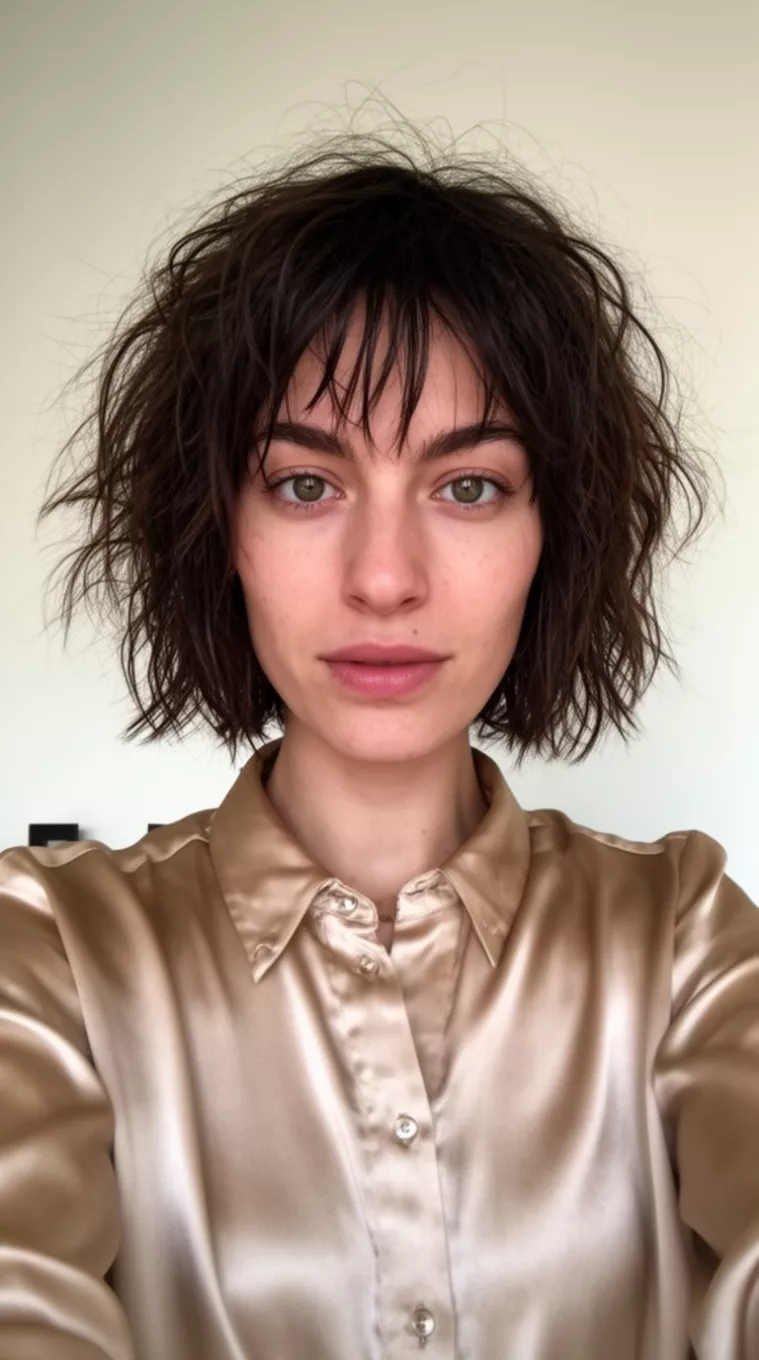 selfie of a 31-year-old woman wearing a silk button-up shirt with a Undone Shag Bob hairstyle, minimal background