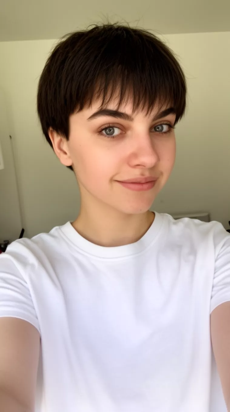 selfie of a 22-year-old woman wearing a white t-shirt with a Bixie Cut hairstyle, minimal background