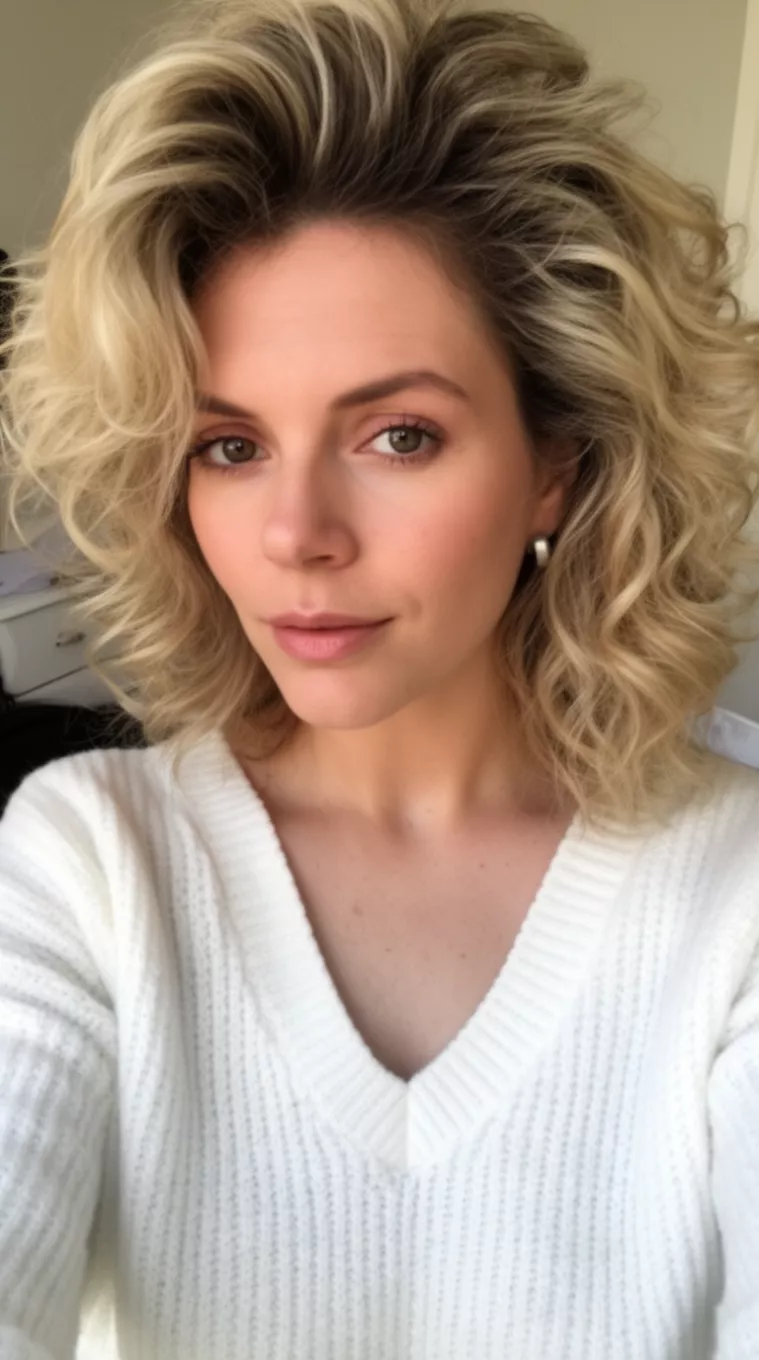 selfie of a 30-year-old woman wearing a v-neck sweater with a Nineties Blowout hairstyle, minimal background