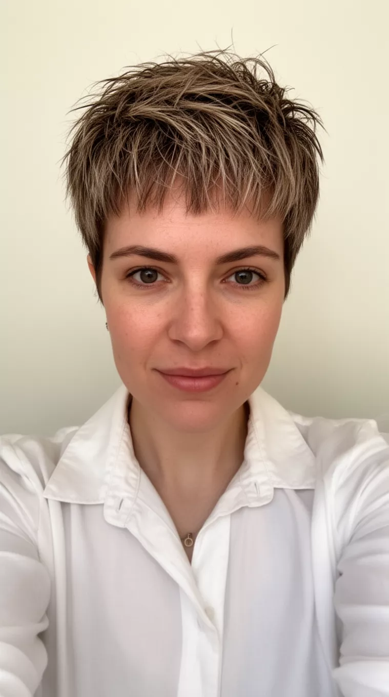 selfie of a 30-year-old woman wearing a white collared blouse with a Fringy Pixie hairstyle, minimal background