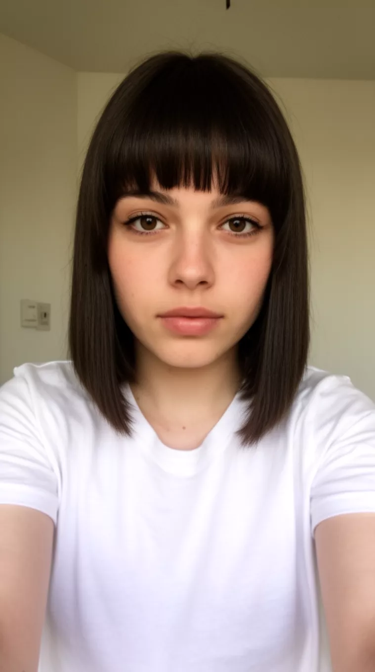 selfie of a 22-year-old woman wearing a white t-shirt with a Disconnected Bangs hairstyle, minimal background