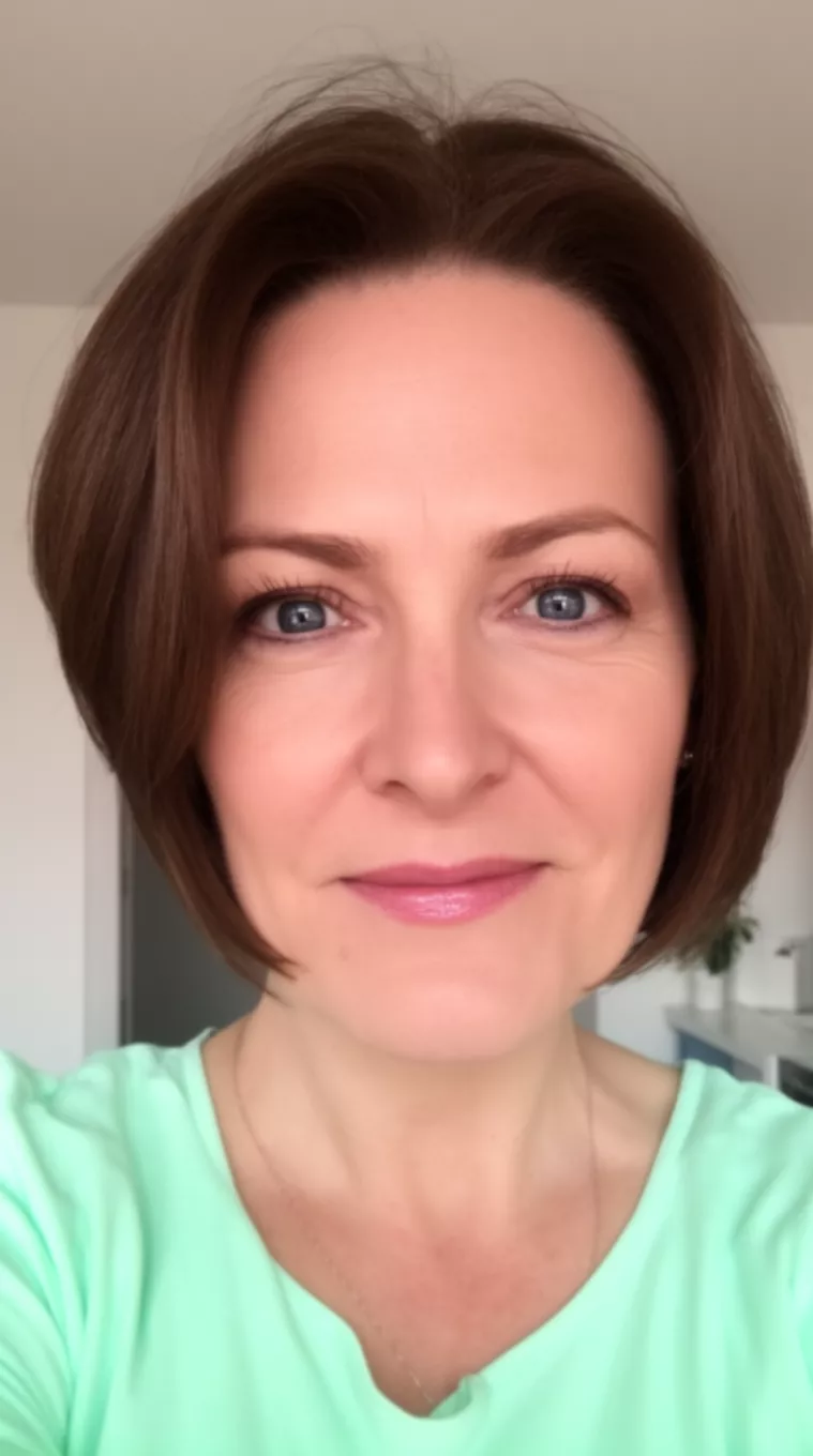 selfie of a 45-year-old woman wearing a mint top with a Soft Curved Bob hairstyle, minimal background