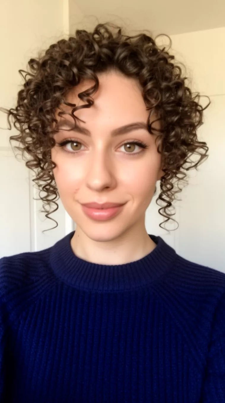 selfie of a 28-year-old woman wearing a navy blue sweater with an Architectural Curls hairstyle, minimal background