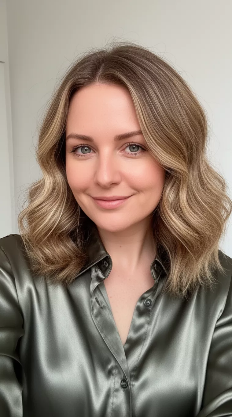 selfie of a 34-year-old woman wearing a silk button-up shirt with a Ghost Layers hairstyle, minimal background