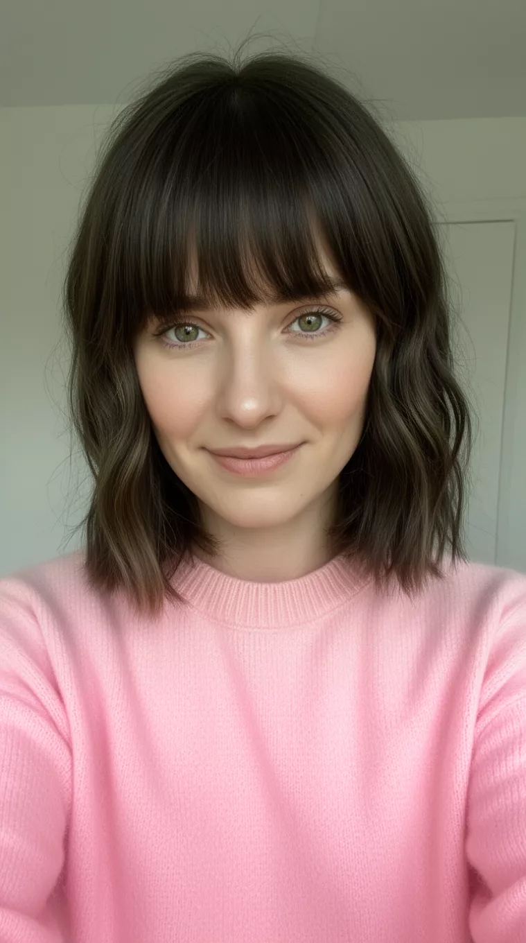 selfie of a 27-year-old woman wearing a light pink sweater with a Curtain Bangs Revival hairstyle, minimal background