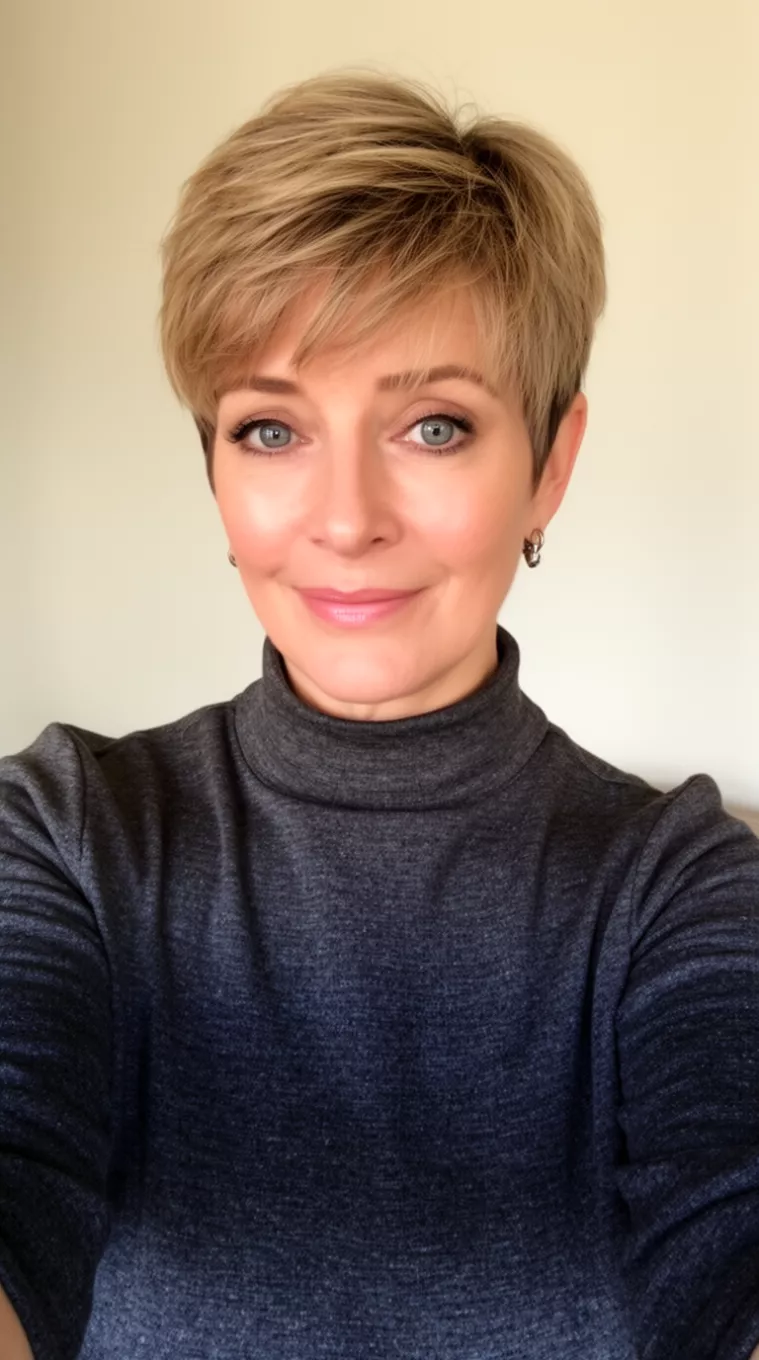 selfie of a 48-year-old woman wearing a charcoal mock neck top with a Classic Pixie hairstyle, minimal background