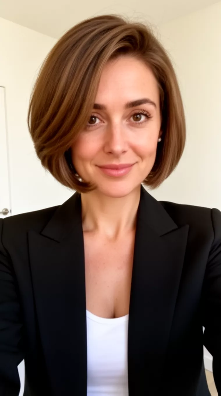 selfie of a 35-year-old woman wearing a black blazer over white top with a Sculpted Bob hairstyle, minimal background