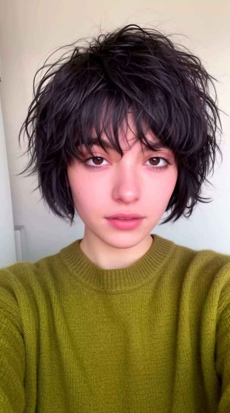 selfie of a 21-year-old woman wearing an olive sweater with a Short Wild Shag hairstyle, minimal background