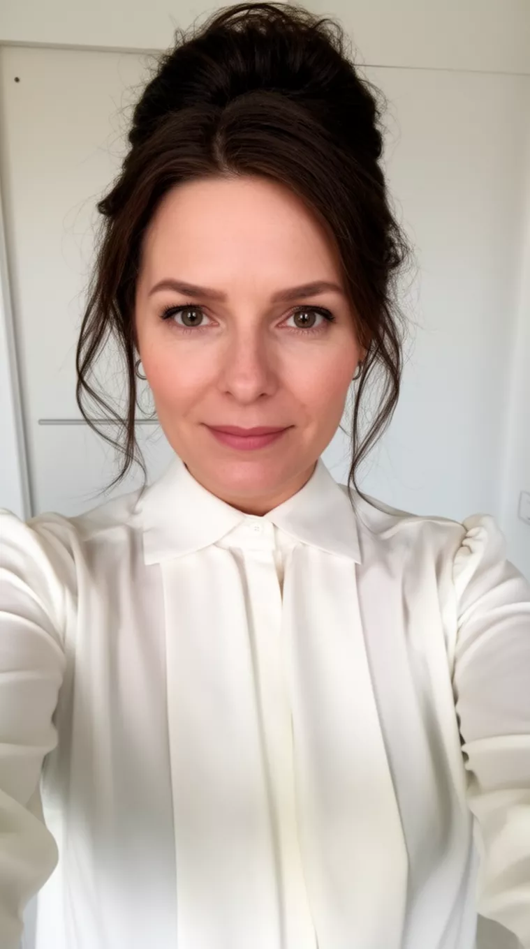 selfie of a 37-year-old woman wearing a structured blouse with a Modern French Twist hairstyle, minimal background