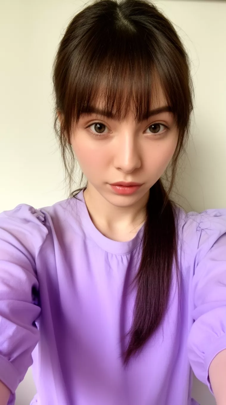 selfie of a 25-year-old woman wearing a lavender blouse with a Wispy Bangs hairstyle, minimal background