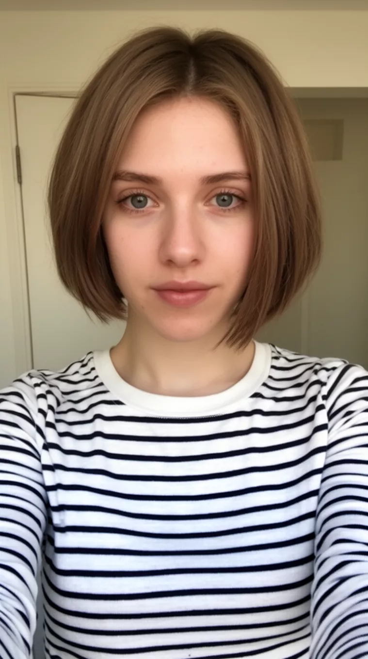 selfie of a 23-year-old woman wearing a striped long-sleeve shirt with a Blunt Collarbone Bob hairstyle, minimal background