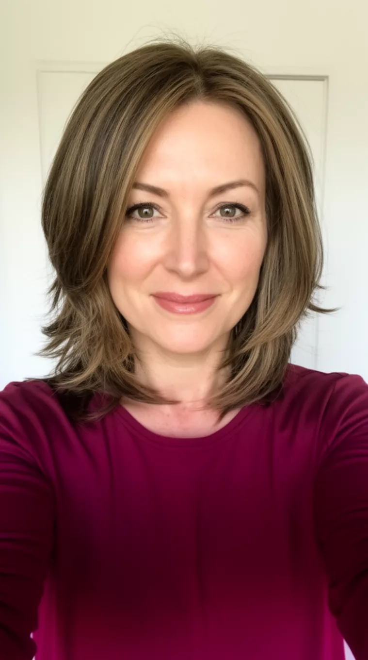 selfie of a 38-year-old woman wearing a burgundy top with a Jaw-Lined Layers hairstyle, minimal background