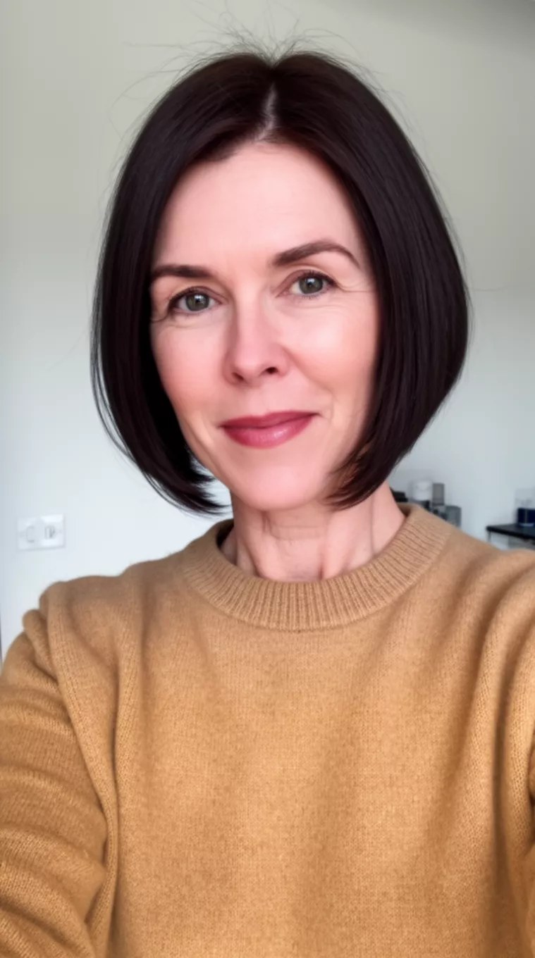 selfie of a 40-year-old woman wearing a camel sweater with a Disciplined Bob hairstyle, minimal background