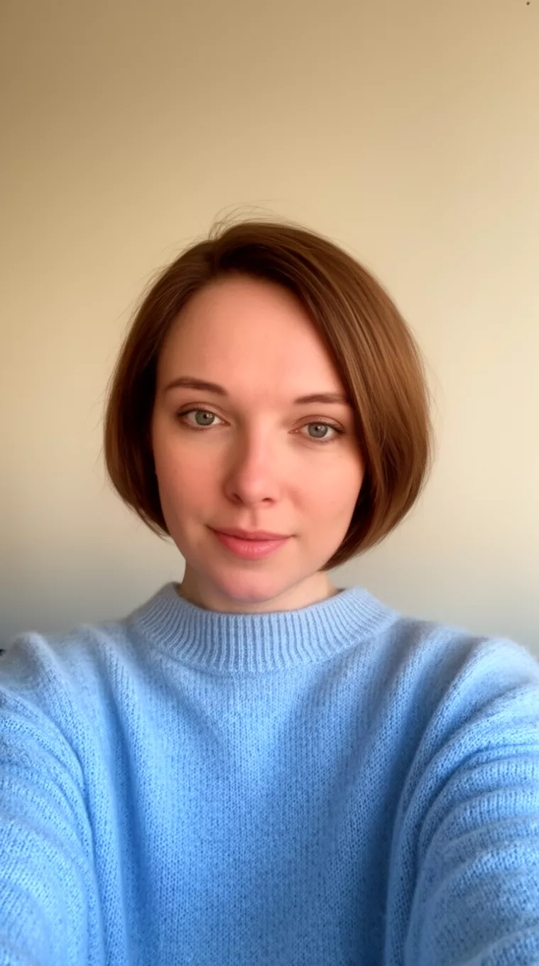 selfie of a 33-year-old woman wearing a baby blue sweater with a Airy Bob hairstyle, minimal background