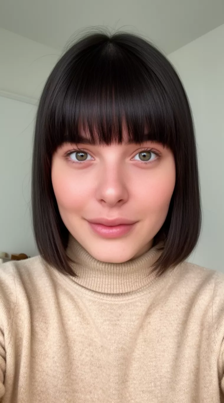 selfie of a 26-year-old woman wearing a beige turtleneck with a Birkin Bangs hairstyle, minimal background