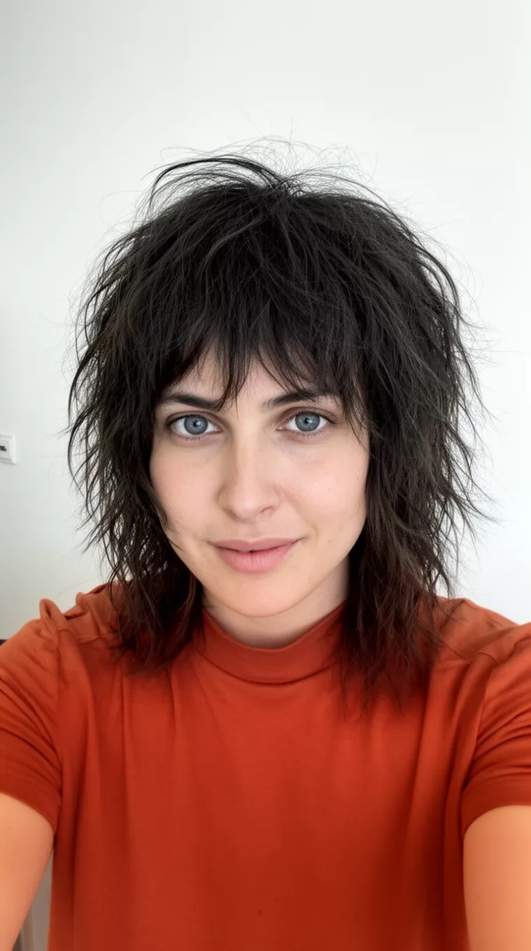 selfie of a 29-year-old woman wearing a rust-colored top with a Sophisticated Shag hairstyle, minimal background