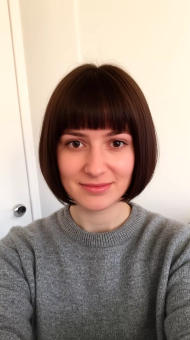 selfie of a 31-year-old woman wearing a gray crewneck sweater with a Graduated Bob hairstyle, minimal background