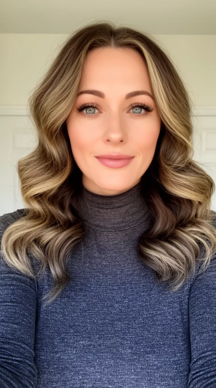 selfie of a 31-year-old woman wearing a charcoal mock neck top with a Hollywood Waves hairstyle, minimal background